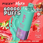 Publicité pour la vape Fizzy Max III comprenant un grand appareil turquoise et violet, mettant en valeur 60 000 bouffées, des saveurs 6 en 1, une capacité d'e-liquide de 60 ml, un port de charge Type-C, un écran LED et illustrée d'images de pastèque, vanille, fraises et cola.