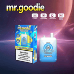 Goodie Bear Candy, embalagem e dispositivo de vape descartável contra um fundo cósmico, destacando recursos como capacidade para 20.000 baforadas, cápsulas duplas, bobina de malha e etiqueta de advertência de nicotina.