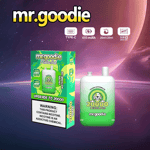 Anúncio do vape mr.goodie apresentando um dispositivo com sabor de melancia congelada verde e branca e sua embalagem, com especificações do produto e um aviso de nicotina exibido contra um fundo cósmico.