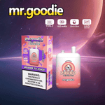 Imagem promocional do vape mr.goodie Juicy Peach apresentando o dispositivo, sua embalagem e detalhes do produto, incluindo 20.000 baforadas, bateria de 650 mAh, cápsulas duplas e um aviso de nicotina proeminente.
