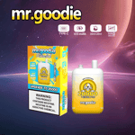 Imagem promocional do Mr. Goodie 20.000 puff vape com sabor de melada de menta, mostrando o produto e sua embalagem contra um fundo cósmico, destacando recursos como carregamento Tipo C, bateria de 650 mAh e pods de malha dupla.