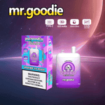 dispositivo vape descartável mr.goodie e embalagem com sabor de uva roxa em um fundo com tema espacial, destacando recursos como carregamento tipo C, bateria de 650mAh, e-líquido de 20ml + 20ml e bobina de malha com uma etiqueta de advertência de nicotina.