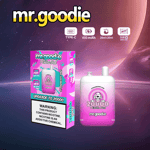 Embalagem e dispositivo de vape com sabor mr.goodie em rosa e branco para sabor de morango e kiwi, destacando recursos como 20.000 baforadas, cápsulas duplas, bobina de malha e um aviso de nicotina, contra um fundo cósmico.