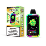 Appareil de vapotage jetable aromatisé à la pomme et à la cannelle Mr. Goodie et emballage présentant un design coloré sur le thème de l'espace avec un orbe vert et une étiquette d'avertissement concernant la dépendance à la nicotine.