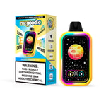 Appareil de vapotage jetable mr.goodie coloré et emballage étiqueté ' Blood Orange Ice ', comportant un affichage sur le thème cosmique avec une planète et un fond étoilé, et un avertissement de nicotine bien visible sur la boîte.