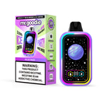 Emballage et appareil de vape mr.goodie Blue Razz avec bordure dégradée colorée, design sur le thème de l'espace montrant une planète bleue et des étoiles, et étiquette d'avertissement de nicotine bien visible.