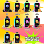 Présentation de neuf appareils de vapotage colorés avec des icônes et des saveurs sur le thème des fruits, notamment Blue Razz, Blood Orange Ice, Apple Cinnamon, Juicy Peach Ice, Green Lemon Ice, Love 66, Strawberry Milkshake, Watermelon Ice et deux saveurs tropicales, avec une pancarte indiquant ' Plus de saveurs à venir ' sur un fond clair.