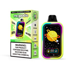 Appareil de vape et emballage Mr. Goodie Green Lemon Ice comportant un affichage numérique avec une illustration de planète jaune, des accents de néon colorés et une étiquette d'avertissement de nicotine bien visible.