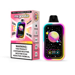 Appareil de vapotage jetable mr.goodie Juicy Peach Ice et emballage présentant un design coloré sur le thème de l'espace avec une planète et des étoiles, mettant en évidence le contrôle de la glace à 3 niveaux, le mode ambiance fête et un avertissement de nicotine.