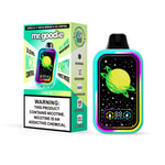 Emballage et appareil de vape jetables Mr. Goodie présentant une image colorée et lumineuse d'une planète verte et jaune avec des étoiles, des détails sur le produit mettant en évidence le contrôle de la glace, le mode fête et une étiquette d'avertissement de nicotine.