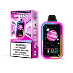 Appareil et emballage mr.goodie vape aromatisés au Milkshake aux fraises, avec un design rose, noir et néon avec un affichage sur le thème de l'espace montrant une planète rose et des étoiles. La boîte ; affiche un avertissement de nicotine et met en évidence les caractéristiques du produit telles que le contrôle de la glace à 3 niveaux et le mode fête.