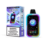 Vape jetable mr.goodie vanille fruit de la passion avec un emballage vibrant présentant un design de lune et d'étoile, mettant l'accent sur le contrôle de la glace, l'affichage miroir et le mode fête, ainsi qu'une étiquette d'avertissement de nicotine bien visible.