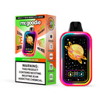 Vapeur et emballage jetables Mr. Goodie Watermelon Ice présentant une illustration colorée de la planète Saturne, les points forts du produit et une étiquette d'avertissement sur la nicotine.