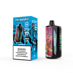 Appareil de vapotage jetable Mr. Goodie Blue Razz et emballage présentant un design bleu et noir, des illustrations de style graffiti, des spécifications du produit et une étiquette d'avertissement de dépendance à la nicotine.