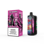 Vape jetable Mr. Goodie au goût Blueberry Lemon Mint avec un design coloré de style graffiti sur l'appareil et l'emballage, mettant en évidence des fonctionnalités telles que deux modes, une puissance de 22 W, 40 ml d'e-liquide et une étiquette d'avertissement de nicotine.