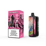 Appareil à vape Mr. Goodie Cola Gummy et son emballage de vente au détail rose, contenant des informations sur le produit, des graphiques abstraits colorés et une étiquette d'avertissement sur la nicotine.