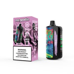 Appareil de vapotage et emballage Mr. Goodie pour la saveur Cranberry P. Lemon, avec un design street art coloré et une étiquette d'avertissement de nicotine bien visible.
