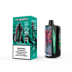 Appareil de vape jetable Mr. Goodie Double Apple et son emballage, présentant des couleurs bleu sarcelle et noir, des illustrations de style graffiti, des spécifications du produit et une étiquette d'avertissement de dépendance à la nicotine.