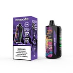 Appareil de vapotage jetable Mr. Goodie Grape Mint et son emballage, comportant des graphiques violets et de style graffiti audacieux avec des informations sur le produit, le nom de la saveur et une étiquette d'avertissement sur la nicotine.