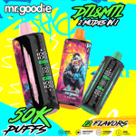Colorful promotional image for Mr. Goodie disposable vapes, featuring three devices with graffiti-style graphics, highlighting 50,000 puffs, 12 flavors, adjustable airflow, 1100mAh battery, 40ml e-liquid, and two vaping modes (DTL & MTL).