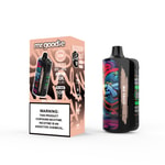 Appareil de vape et emballage Mr. Goodie Mix Fruits avec illustrations de style graffiti, spécifications du produit et étiquette d'avertissement concernant la nicotine.