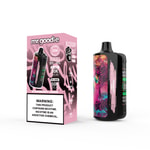 Appareil et emballage de vape Mr. Goodie Strawberry Lemon avec des graffitis roses et noirs, des détails sur le produit et une étiquette d'avertissement sur la nicotine.