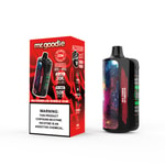 Appareil et emballage de vape Mr. Goodie Watermelon Bubble Gum, comprenant les détails du produit, le nom de la saveur, les modes d'utilisation et une étiquette d'avertissement de nicotine.