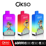 Three colorful OKSO disposable vape devices featuring cartoon monkeys in distinct outfits, with branding and specifications like 60,000 puffs, 2x25ml oil tank, 650mAh battery, and 50ml e-liquid displayed below.
