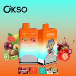 OksO double flavor vape devices with an orange and blue gradient design, featuring illustrations of a cartoon character and images of featured flavors: kiwi, passion fruit, guava, strawberry, and cherry.