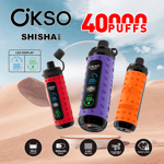 Três dispositivos vape OKSO Shisha coloridos com telas de LED são mostrados em uma paisagem desértica, destacando recursos como 40.000 baforadas, e-líquido de 36ml, bateria de 800mAh, bobina de malha 0.6Ω, fluxo de ar ajustável e trava para crianças.