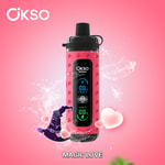 Dispositivo vape OKSO Shishai rosa com display digital, cercado por corações flutuantes, efeitos de respingos de água e um chapéu de mago de desenho animado, em um fundo gradiente rosa com o texto 'MAGIC LOVE'.