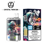 Crystal Twin 50K vape device and packaging featuring a colorful astronaut graphic, advertising 50,000 puffs, two flavors (Blueberry on Ice and Summer Peach Ice), double flavor capability, and a nicotine addiction warning label.
