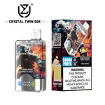 Crystal Twin 50K vape device and packaging featuring an astronaut illustration, offering 50,000 puffs with double flavor options (kiwi passion fruit guava and two apple), and a prominent nicotine addiction warning label.