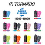 Coleção de dispositivos vape de duplo sabor da marca Tornado em diversas combinações de cores, cada um rotulado com dois sabores diferentes, como Melancia Ice e Lemon Lime, Fizzy Cherry Ice e Blueberry Cotton Candy, entre outros, com o texto 'DOUBLE FLAVOUR' e '15000+15000' no centro.