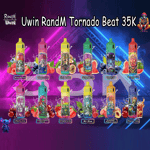 Display of Uwin RandM Tornado Beat 35K vape devices in various flavors, each with colorful, cartoonish character illustrations and associated fruits like berries, watermelon, cherry, peach, and passion fruit, set against a vibrant neon-lit background.
