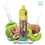 RandM Tornado vape with a yellow cap featuring a skull and music-themed design, surrounded by kiwi, passion fruit, and guava, with splashes of water and ice cubes in the background; flavor labeled as Kiwi Passion Fruit Guava.