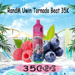 Colorful RandM Tornado vape device with raspberry and blueberry fruits, poolside setting, tropical plants, and '35,000 puffs' label.
