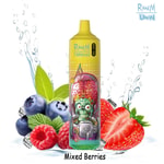 A colorful vaping device labeled 'RandM Tornado' with a cartoon zombie graphic, surrounded by fresh blueberries, raspberries, strawberries, ice cubes, and water splashes, representing the mixed berries flavor.