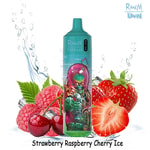RandM Tornado vape device with a colorful alien graphic, positioned among strawberries, raspberries, cherries, ice cubes, and splashing water, labeled as Strawberry Raspberry Cherry Ice flavor.