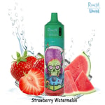 Disposable vape device with a colorful alien design, surrounded by fresh strawberries, watermelon slices, and ice, labeled 'Strawberry Watermelon'.