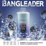 Dispositivo de vapeo desechable Bangleader Blueberry Ice con un colorido gráfico de tigre, rodeado de cubitos de hielo y arándanos que salpican, destacando características como 20,000 inhalaciones y una advertencia de nicotina en la parte inferior.