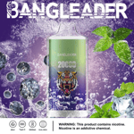Dispositivo de vapeo desechable Bangleader con una ilustración de un tigre, etiquetado como '20,000 inhalaciones' y sabor 'Blueberry Mint', rodeado de salpicaduras de arándanos, hojas de menta y cubitos de hielo, con características del producto y una advertencia de nicotina en la parte inferior.