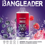Dispositivo de vapeo Bangleader con una ilustración de un tigre y sabor a arándano y frambuesa, rodeado de arándanos, frambuesas y líquido que salpica, además de una advertencia de nicotina y características del producto debajo.