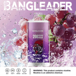 Dispositivo de vapeo Bangleader Grape Ice con el logo de un tigre, rodeado de uvas, cubitos de hielo y salpicaduras de agua, con detalles del producto y una advertencia de nicotina en la parte inferior.