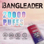 Imagen promocional del vaporizador BANGLEADER que presenta un producto etiquetado como '20000 inhalaciones', que muestra un gráfico de tigre, sabor a arándano y frambuesa e íconos que indican una capacidad de 28 ml, carga tipo C, batería de 650 mAh y bobinas de malla doble.