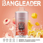 Dispositivo de vapeo BangLeader con una ilustración de un tigre y el sabor Mango Peach, rodeado de imágenes de trozos de melocotón y mango, con características del producto y una advertencia de nicotina en la parte inferior.