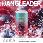 Dispositivo de vapeo Bangleader con el logo de un tigre y sabor 'Mix Fruit', sobre un fondo de salpicaduras de bayas mixtas, con detalles del producto y una advertencia de nicotina.