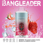 Vape desechable con hielo de fresa Bangleader rodeado de fresas y cubitos de hielo sobre un fondo rosa, con las características del producto y la advertencia de nicotina que se muestran a continuación.