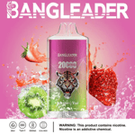 Dispositivo de vapeo desechable de la marca Bangleader con una ilustración de un tigre, etiquetado como 'Strawberry Kiwi 20000 puffs', rodeado de fresas y kiwis sobre un fondo rosa, con características del producto y advertencia de nicotina en la parte inferior.