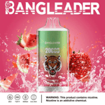 Vape desechable Bangleader con el logo de un tigre, etiquetado para 20,000 inhalaciones y sabor a sandía y fresa, rodeado de trozos de fruta que salpican sobre un fondo rosa vibrante, con una advertencia de nicotina e íconos de funciones en la parte inferior.